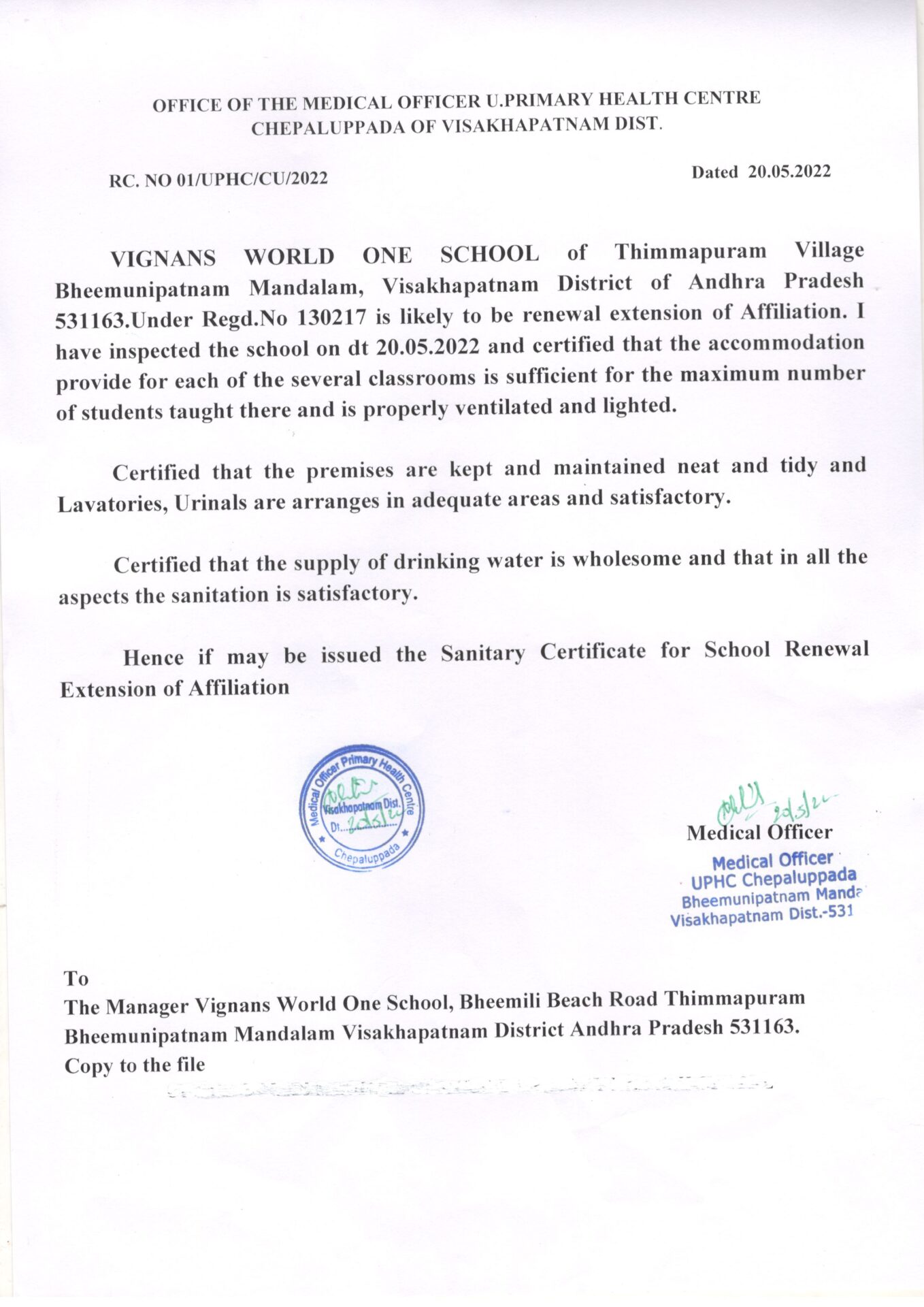 Sanitary Certificate - Vignan Vidyalayam